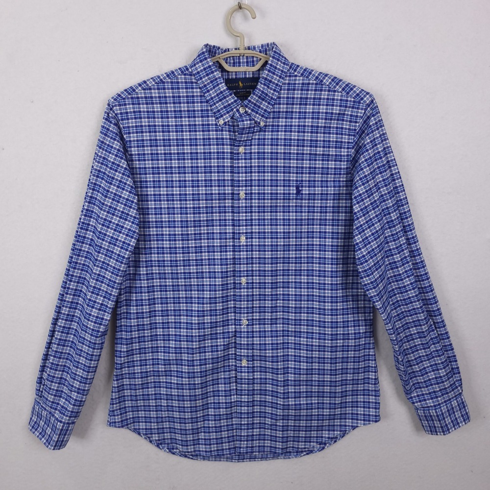 Ralph Lauren Button Down Shirt Mens XL Blue Plaid Slim Fit Stretch Oxford Logo‎